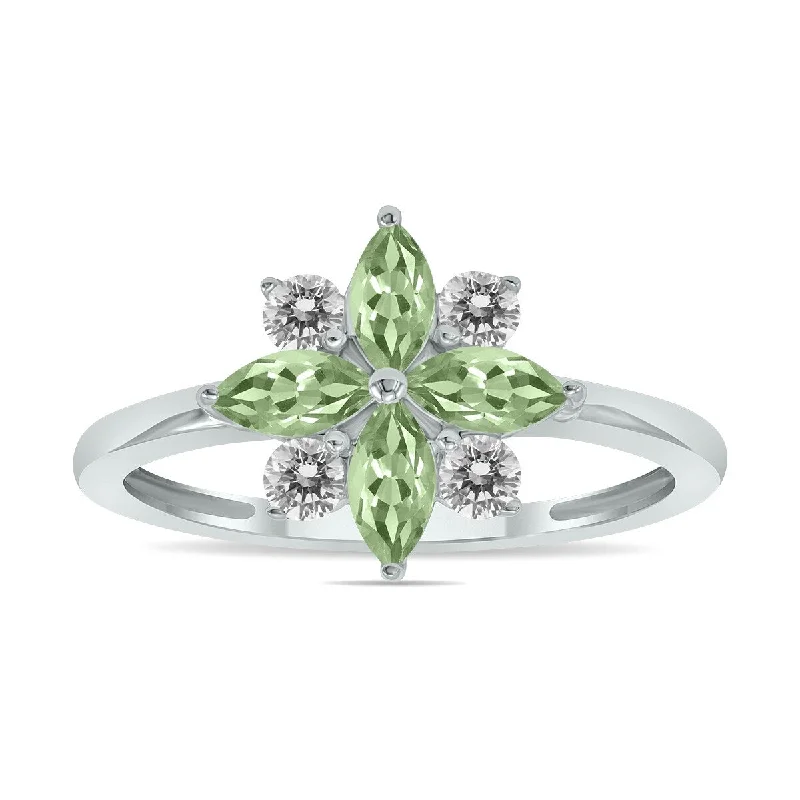 Women’s vintage style rings-Marquee Jewels 3/4 Carat TW Green Amethyst and Diamond Flower Ring in 10K White Gold