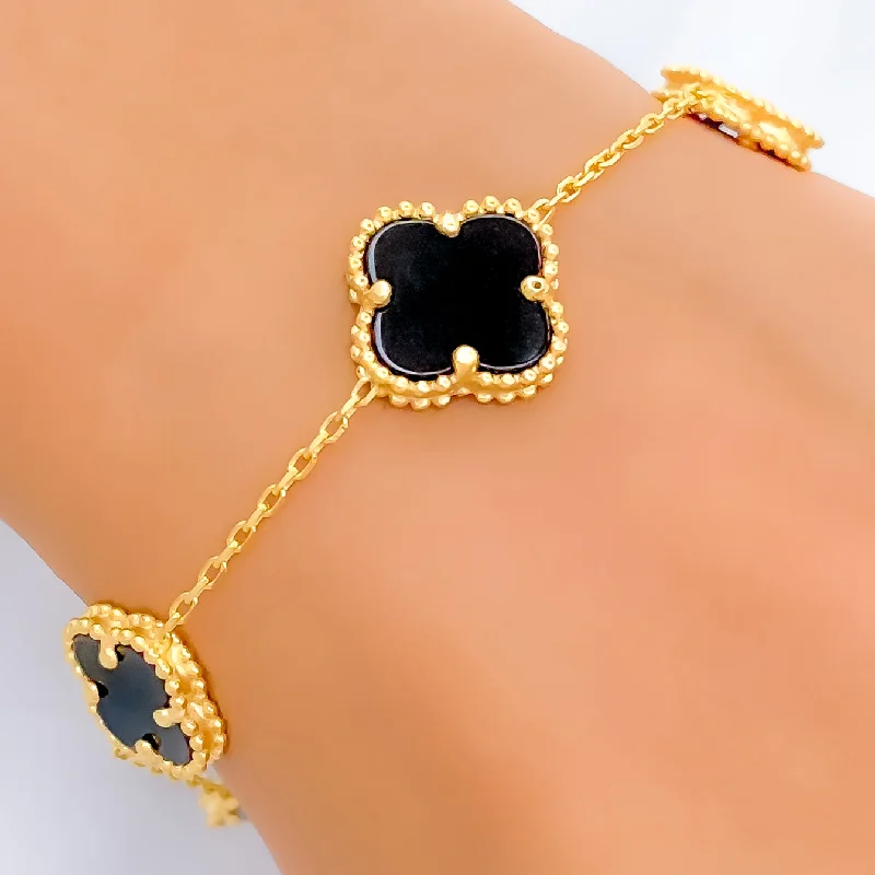 Women’s pearl and gold bracelets-Bold Black Onyx 21k Gold Clover Bracelet