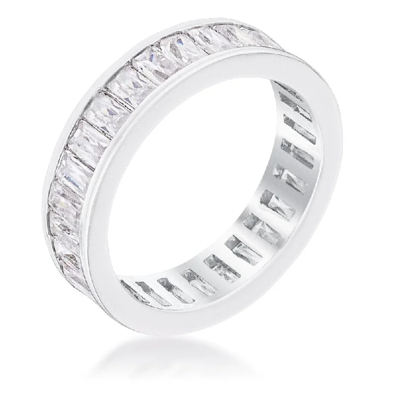 Women’s simple eternity rings-Rhodium Plated Baguette Emerald Cut Eternity Ring