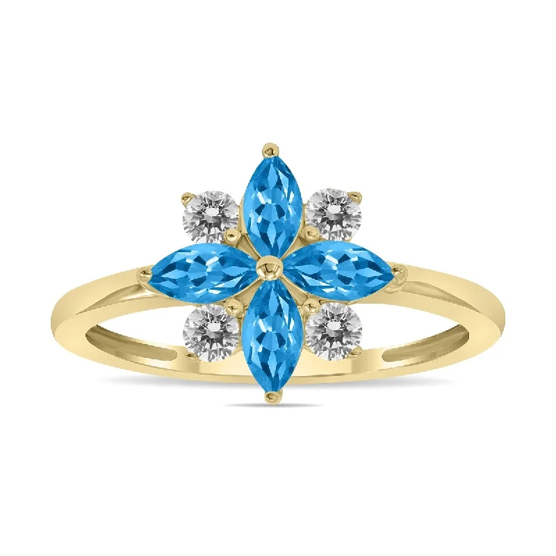 Women’s luxurious wedding rings-Marquee Jewels 3/4 Carat TW Blue Topaz and Diamond Flower Ring in 10K Yellow Gold