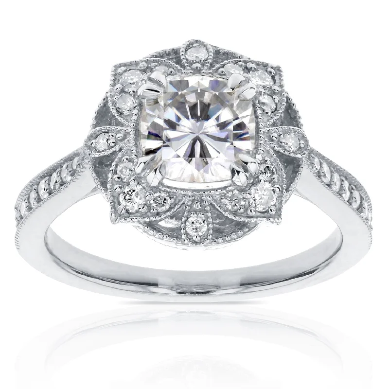 Women’s round cut diamond rings-Annello by Kobelli 14k White Gold 1 1/3ct TGW Cushion Moissanite and Diamond Floral Antique Ring