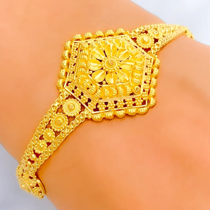 Women’s gemstone bracelets-Attractive Floral Hexagon 22k Gold Bracelet