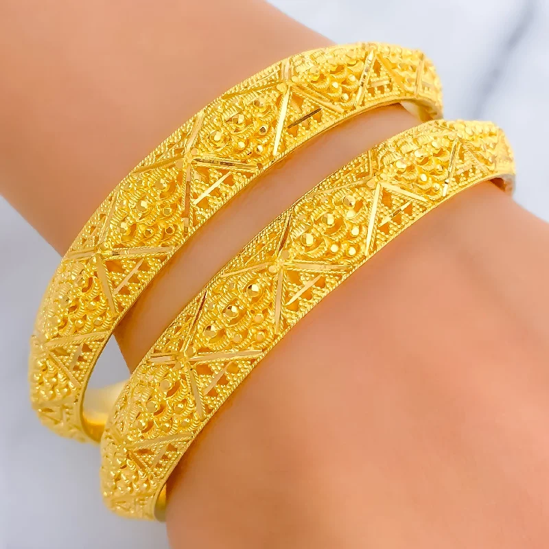 Women’s simple bangle sets-Extravagant Bold Striped 22k Gold Bangle Pair