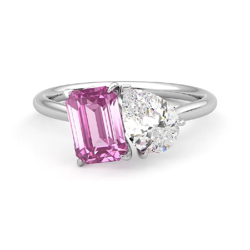 Women’s modern engagement rings-Toi et Moi Pear Shaped Moissanite and Emerald Cut Pink Sapphire Engagement Ring