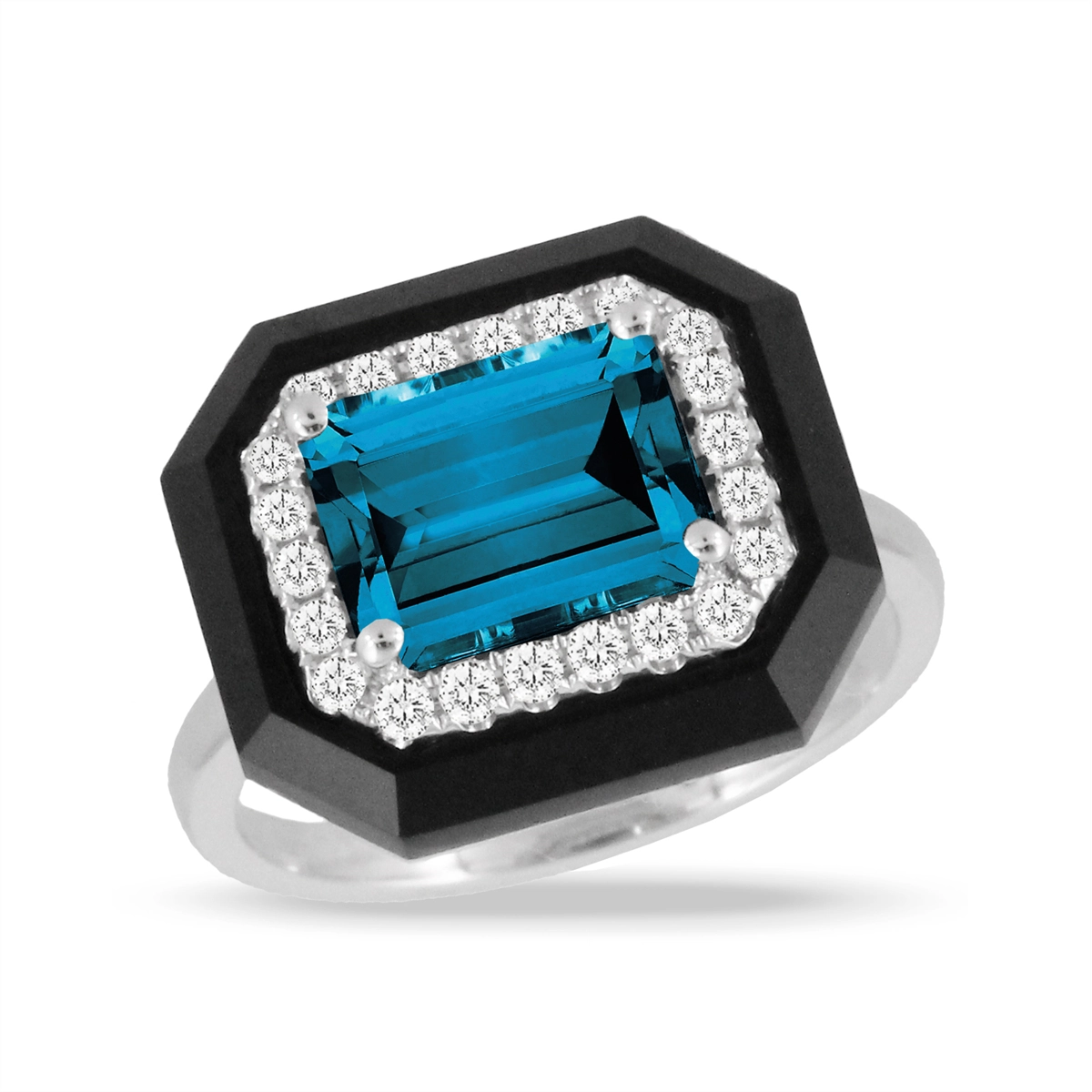 Women’s halo ring engagement set-Doves 18K White Gold London Blue Topaz, Black Onyx, and Diamond Ring