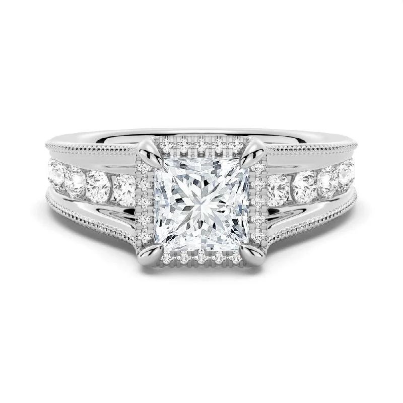 Women’s sparkling engagement rings-Milgrain Vintage Princess Cut & Round Moissanite Engagement Ring