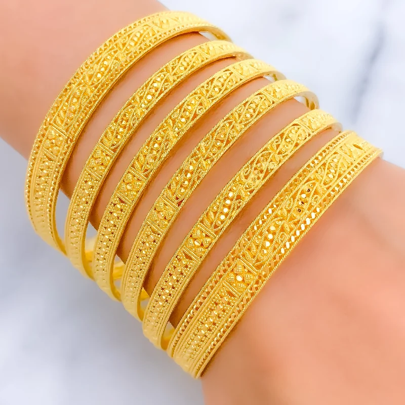 Women’s sleek silver bangles-Elegant Beaded Vine Motif 22k Gold Bangle Set