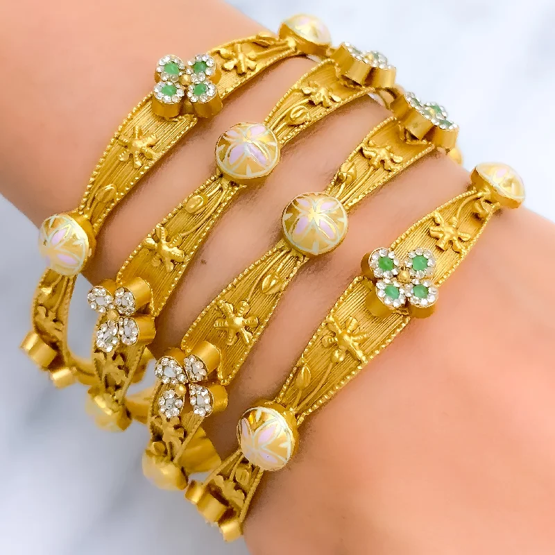 Women’s bangles with diamonds-Noble Floral CZ Meenakari 22k Gold Set Of 4 Bangles