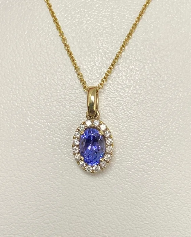 Women’s gemstone necklaces-14kt Yellow Gold Tanzanite and Diamond Halo Pendant