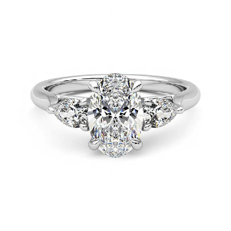 Women’s custom engagement rings-Three Stone Oval Cut Moissanite Engagement Ring with Hidden Anniversary Stone Accent