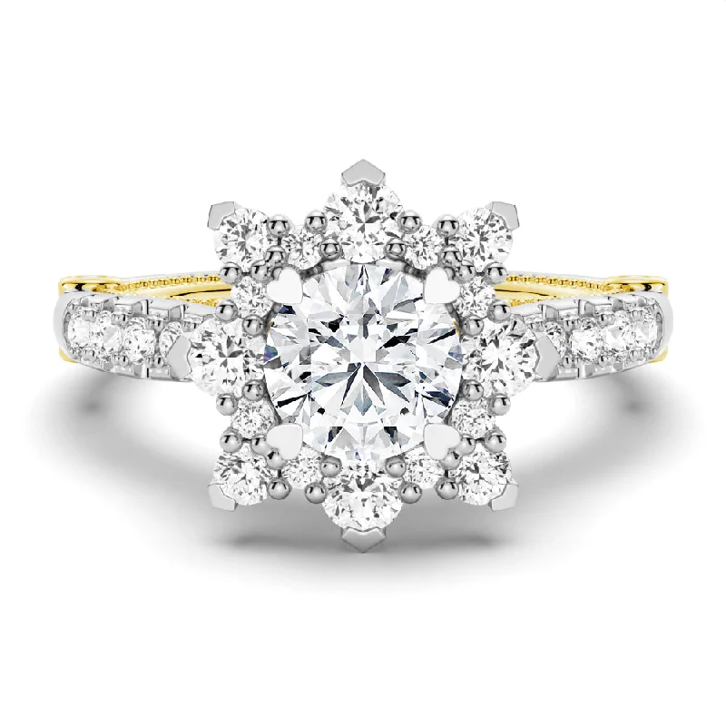 Women’s diamond engagement rings with baguette-1 CT. Vintage Inspired Two-Tone Round Halo Moissanite Engagement Ring