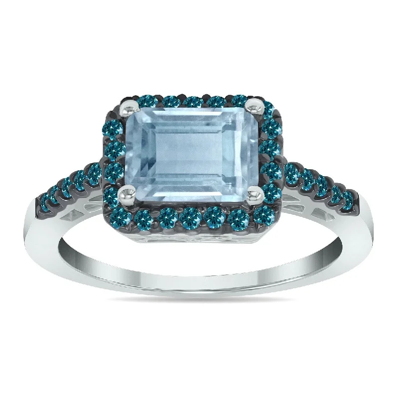 Women’s gemstone cocktail rings-Marquee Jewels 2 1/2 Carat Emerald Cut Aquamarine and 1/3 CTW Blue Diamond Ring in 10K White Gold