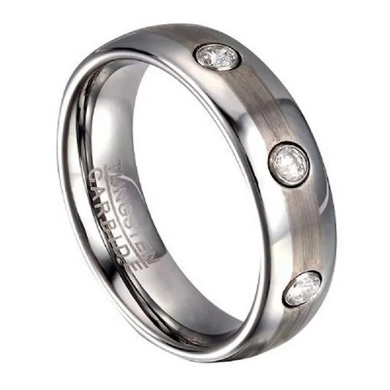 Women’s halo engagement rings-Tungsten Wedding Ring for Men with 3 CZ and Rounded Edges | 6mm