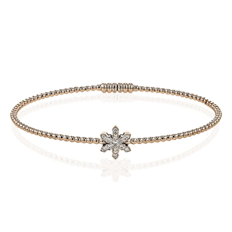 Women’s cuff bracelets-18K RG beaded bangle with diamond snowflake station 0.11 ctw, and magnetic closure