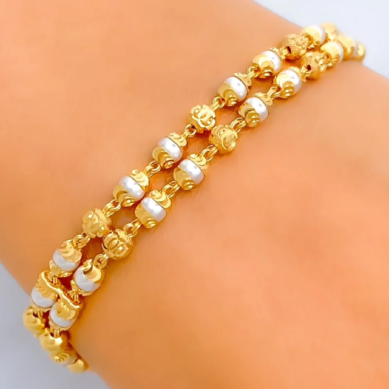 Women’s sterling silver bangles with charms-Dotted Dual Lined 22k Gold Pearl Bracelet