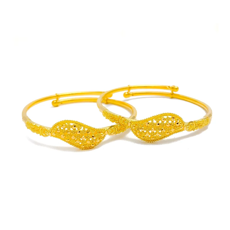 Women’s tennis bracelets-Shiny Netted Leaf 22k Gold Adjustable Baby Bangle Pair