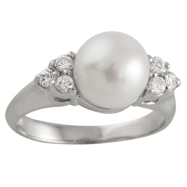 Women’s custom design rings-Sterling Silver Triple Cubic Zirconia and Fancy Pearl Ring (8-9mm)