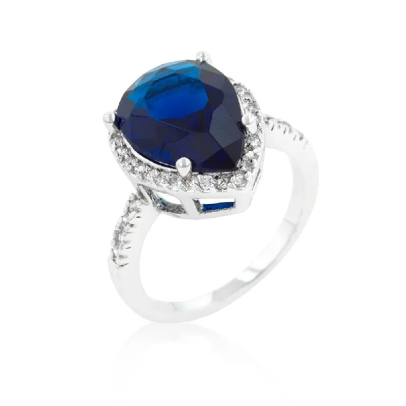 Women’s engraved rings-Sapphire Blue Cubic Zirconia Drop Ring