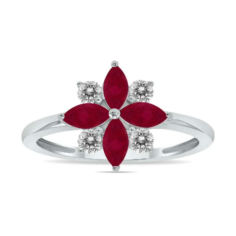 Women’s sapphire wedding rings-Marquee Jewels 3/4 Carat TW Ruby and Diamond Flower Ring in 10K White Gold