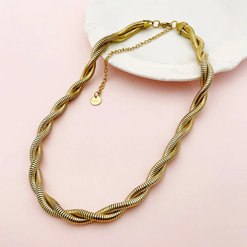 Women’s long-chain necklaces-Hip-hop Rock Solid Color Twist Stainless Steel Plating Gold Plated Necklace