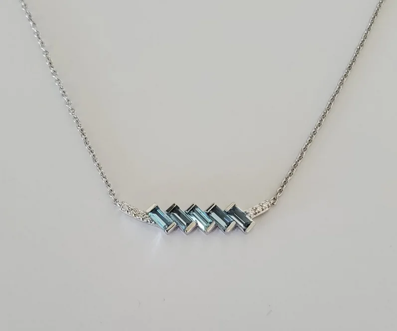 Women’s high-end necklaces-14kt White Gold Blue Topaz Baguette Necklace