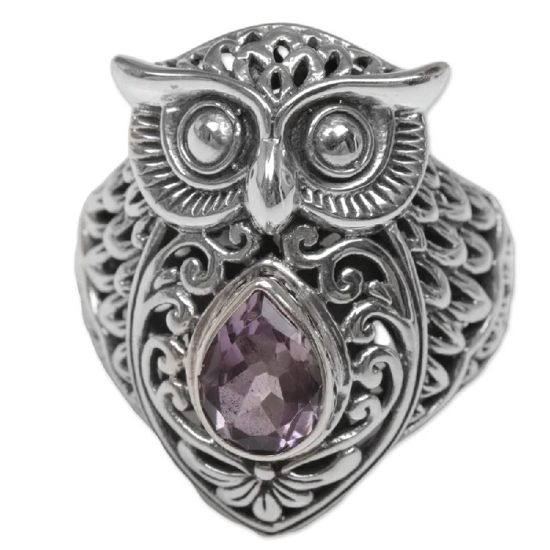 Women’s halo rings-Handmade Sterling Silver 'Amethyst Owl' Amethyst Ring (Indonesia)