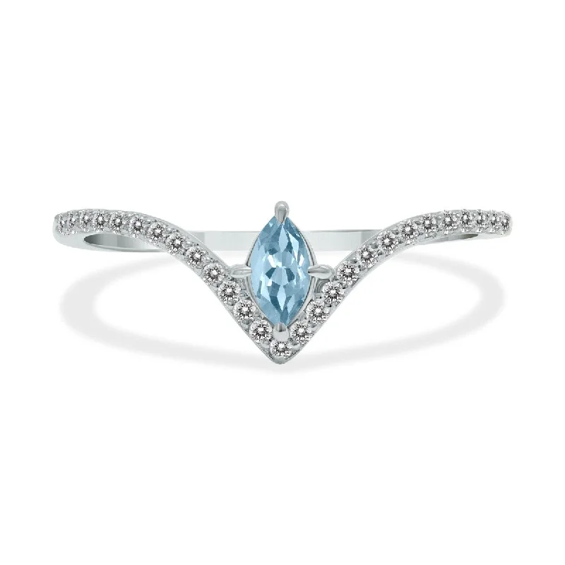 Women’s rose gold wedding rings-Marquee Jewels 1/4 Carat TW Aquamarine and Diamond V Shape Ring in 10K White Gold