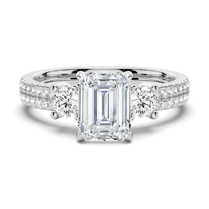 Women’s simple engagement rings-NEW Double Row Pave Three Stone Emerald Cut Moissanite Engagement Ring