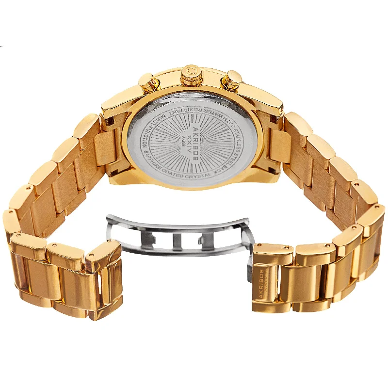 Women’s luxury tennis bracelets-Akribos XXIV Mens Swiss Quartz Crystal Multifunction Stainless Steel Gold-Tone Bracelet