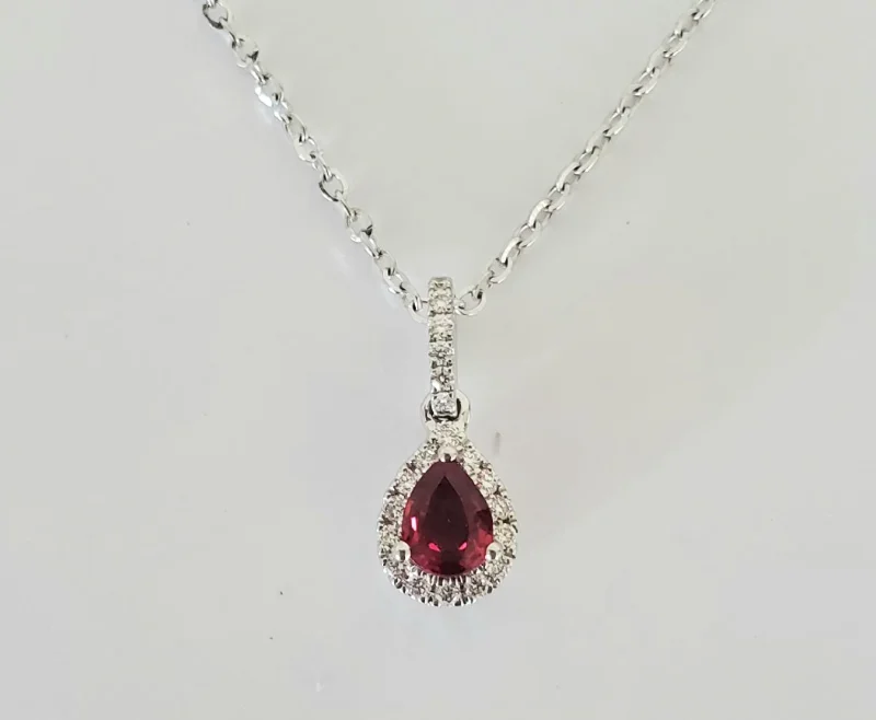 Women’s cute heart necklaces-14kt White Gold Pear Shaped Ruby and Diamond Pendant