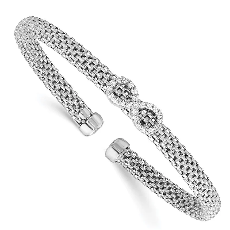 Women’s sterling silver bangles with charms-Sterling Silver Rhodium-plated Polished CZ Infinity Flexible Cuff Bangle-WBC-QB1440