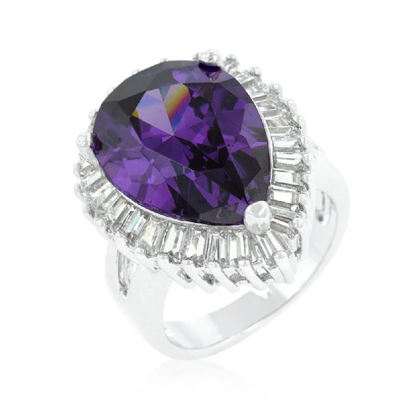 Women’s birthstone wedding rings-Cubic Zirconia Purple And Clear Cocktail Pear Cut Ring