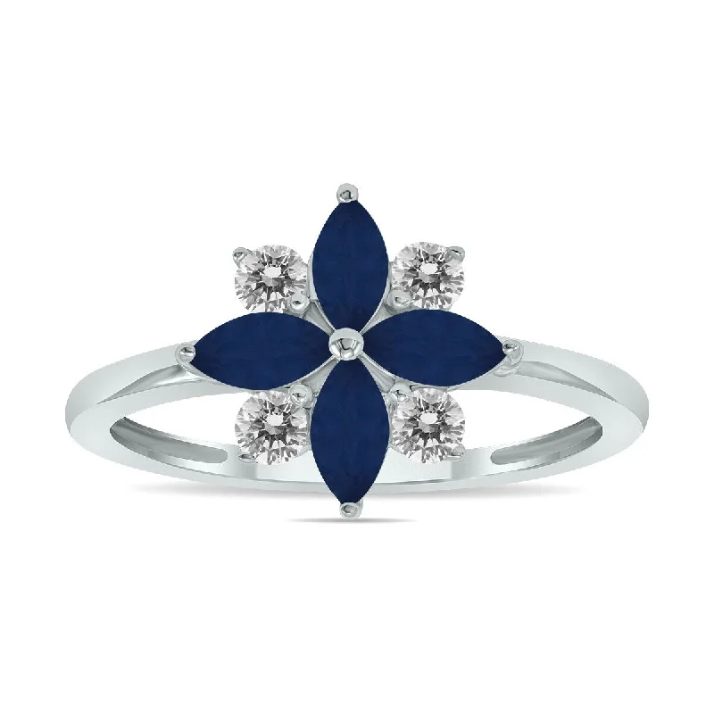 Women’s round cut diamond rings-Marquee Jewels 3/4 Carat TW Sapphire and Diamond Flower Ring in 10K White Gold