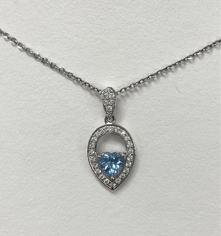 Women’s unique gemstone necklaces-14kt White Gold Heart Shaped Aquamarine and Diamond Pendant