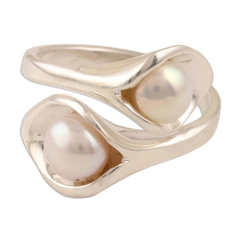 Women’s silver statement rings-NOVICA Lily Twins, Cultured pearl wrap ring