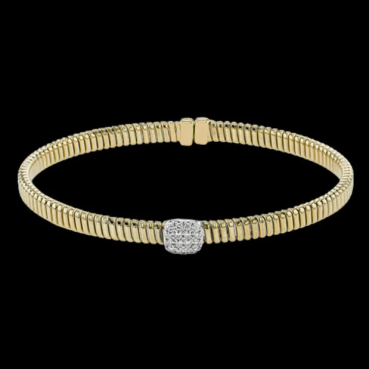 Women’s rose gold bangles-This modern design 18k yellow gold textured bangle with .19ctw diamonds set in a cushion shape and magnetic closure, is perfect for stacking