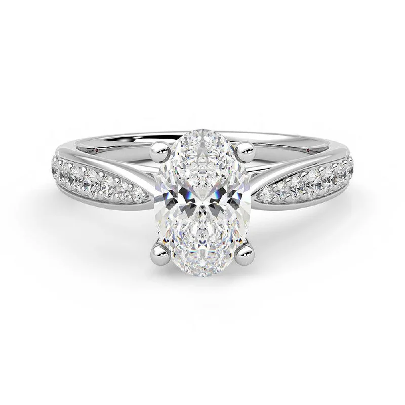 Women’s affordable engagement rings-Oval Cut Moissanite Engagement Ring with Pavé Band and Hidden Anniversary Stone Accent