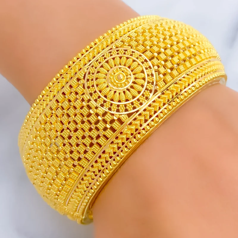 Women’s luxury diamond bracelets-Magnificent Checkered Dome 22k Gold Screw Bangle