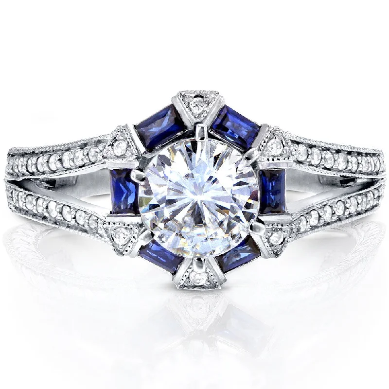 Women’s platinum engagement rings-Annello by Kobelli 14k White Gold 1 3/5ct TGW Moissanite and Diamond with Sapphire Accents Art Deco Split Shank Ring