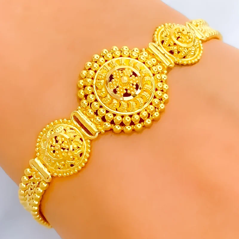 Women’s friendship bracelets-Delightful Beaded Triple Flower 22k Gold Bracelet