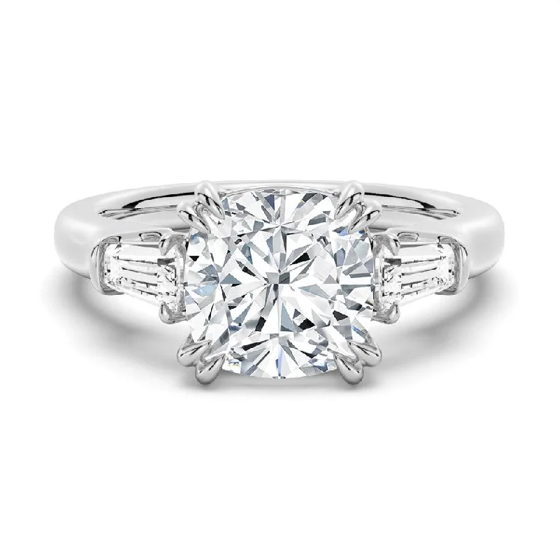 Women’s vintage halo engagement rings-Cushion-Cut Moissanite Engagement Ring with Tapered Baguette Side Stones