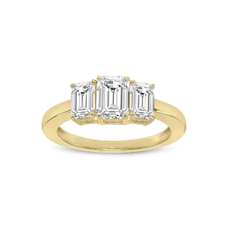 Women’s ruby rings-Marquee 3 CTW Three Stone Emerald Cut Lab Grown Diamond Ring in 14K Yellow Gold