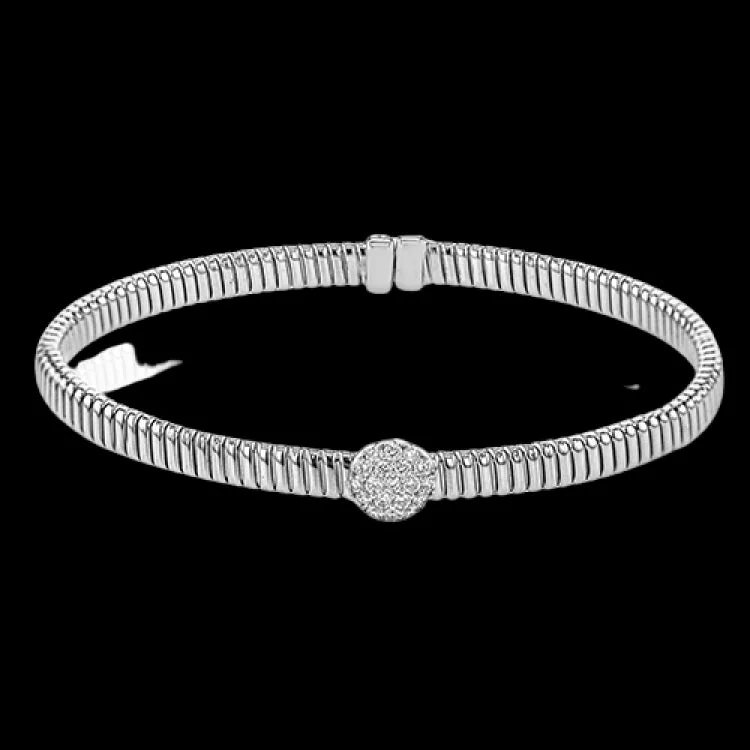 Women’s silver tennis bracelets-18K White gold textured bangle with round diamond accent .25 ctw. and magnetic closure, is a perfect bangle for stacking