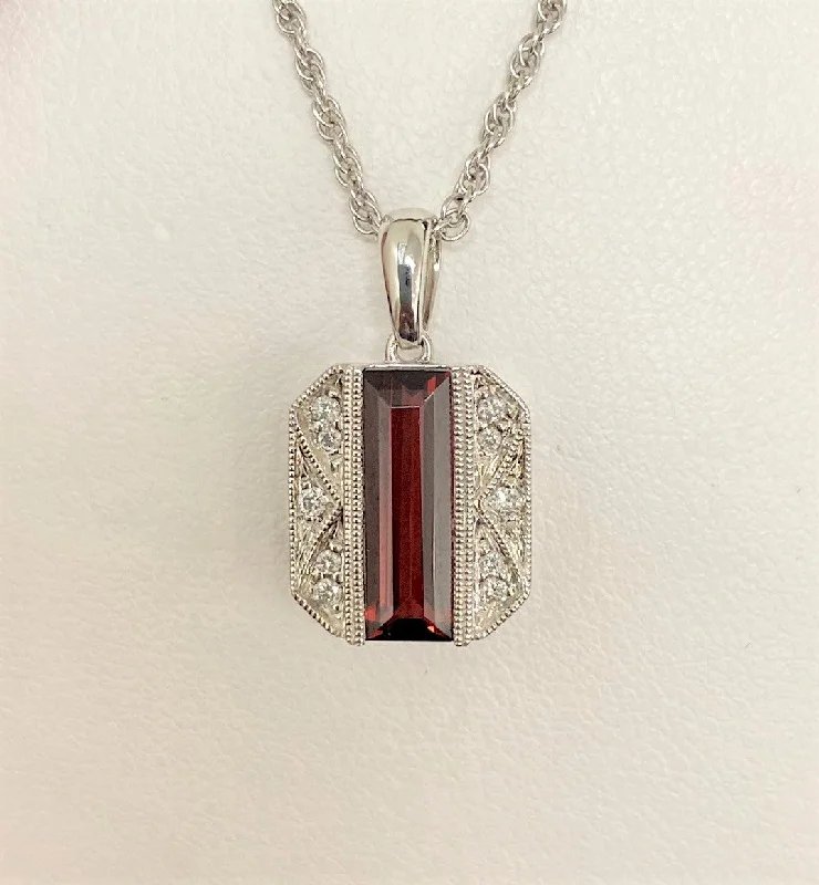 Women’s engraved charm necklaces-14kt White Gold Garnet and Diamond Pendant