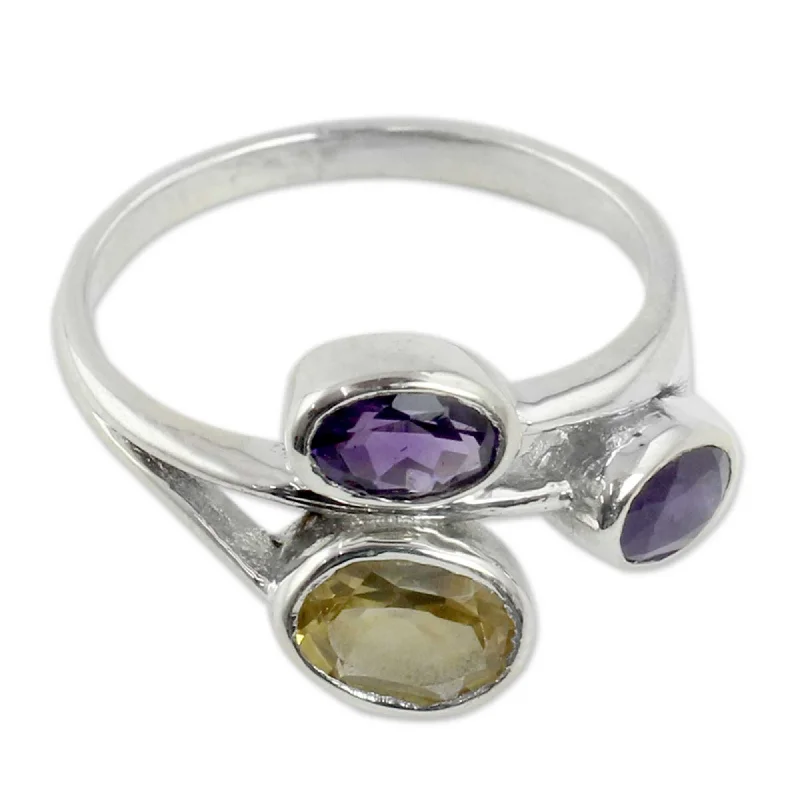 Women’s stackable gemstone rings-NOVICA Handmade Sterling Silver Amethyst Citrine 3 Stone Ring (India)