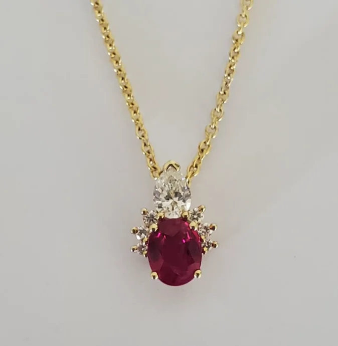 Women’s pendant necklaces-14kt Yellow Gold Ruby and Diamond Pendant