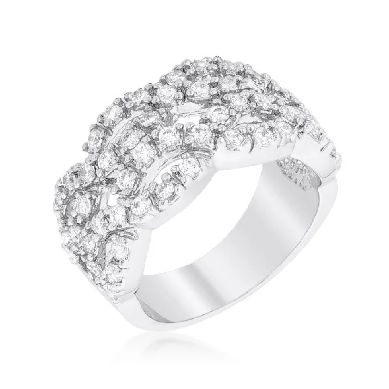 Women’s gemstone rings-Braided Cz Cocktail Ring For Everyday Wear With Rhodium Finish