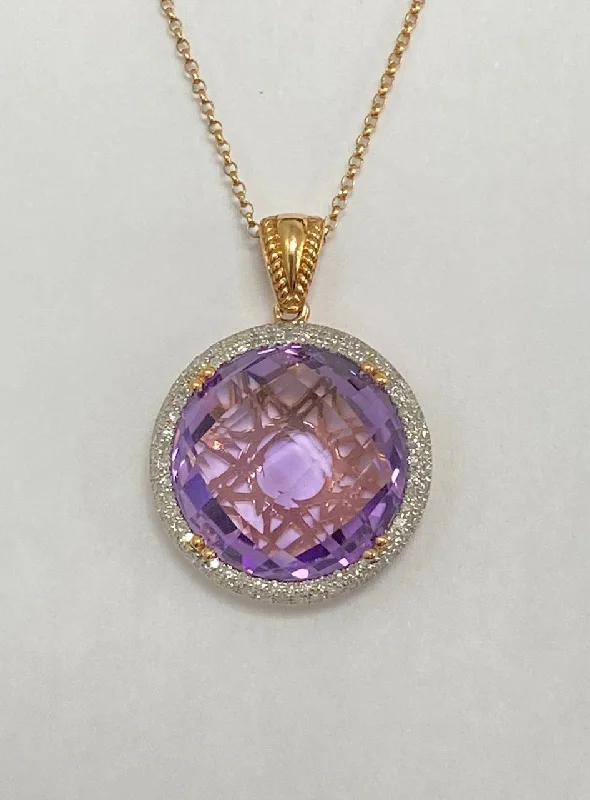 Women’s silver and diamond necklaces-14kt Yellow Gold Amethyst and Diamond Halo Pendant