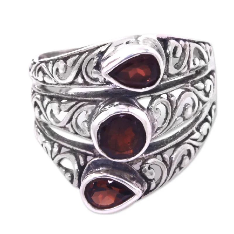 Women’s personalized rings-Handmade Sterling Silver 'Three Loves' Garnet Ring (Indonesia)