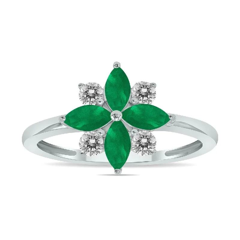 Women’s vintage diamond rings-Marquee Jewels 3/4 Carat TW Emerald and Diamond Flower Ring in 10K White Gold